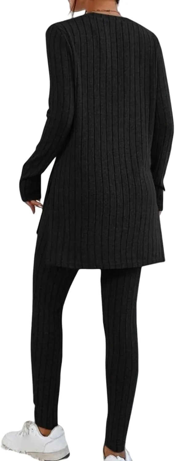 Womens 2 Piece Lounge Set Warm Ribbed Knit Pajamas Sets Oversized Long Sleeve Tunic Tops Pants Matching Set