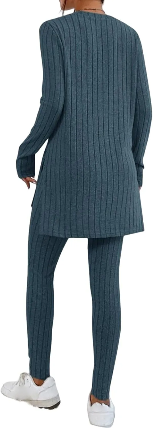 Womens 2 Piece Lounge Set Warm Ribbed Knit Pajamas Sets Oversized Long Sleeve Tunic Tops Pants Matching Set
