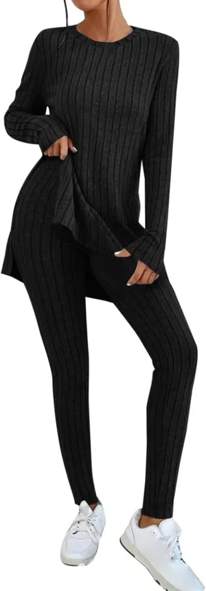 Womens 2 Piece Lounge Set Warm Ribbed Knit Pajamas Sets Oversized Long Sleeve Tunic Tops Pants Matching Set