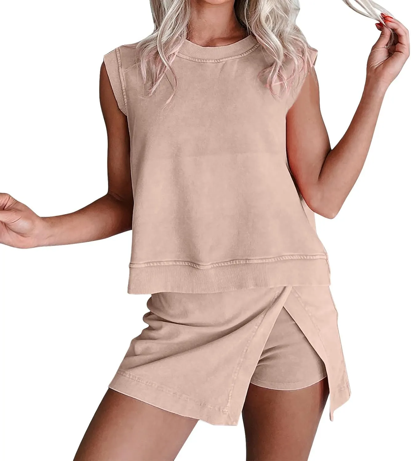 Womens 2 Pieces Lounge Set Crew Neck Crop Tank Top Lined Split Athletic Skirt Set Summer Workout Athletic Outfits