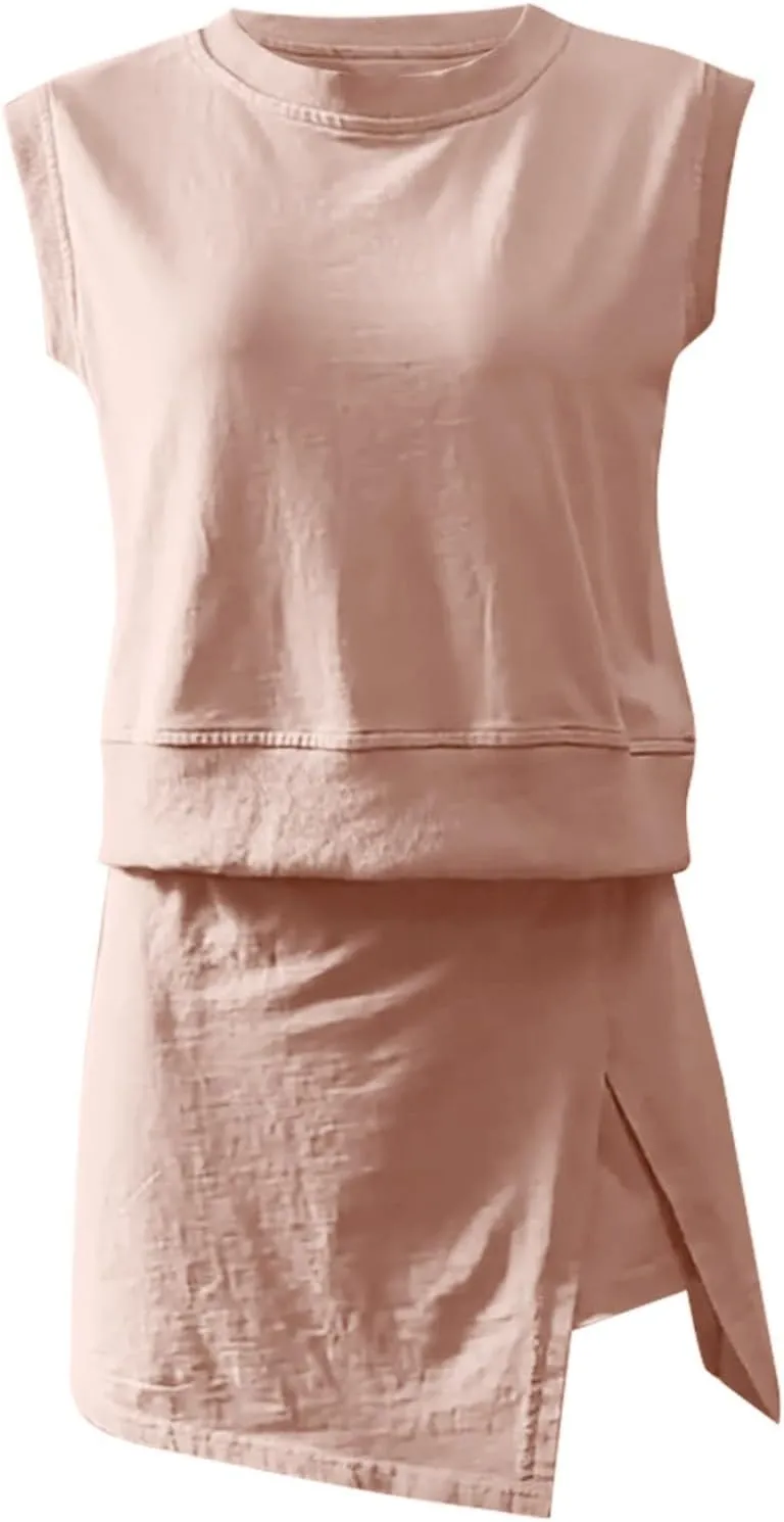 Womens 2 Pieces Lounge Set Crew Neck Crop Tank Top Lined Split Athletic Skirt Set Summer Workout Athletic Outfits