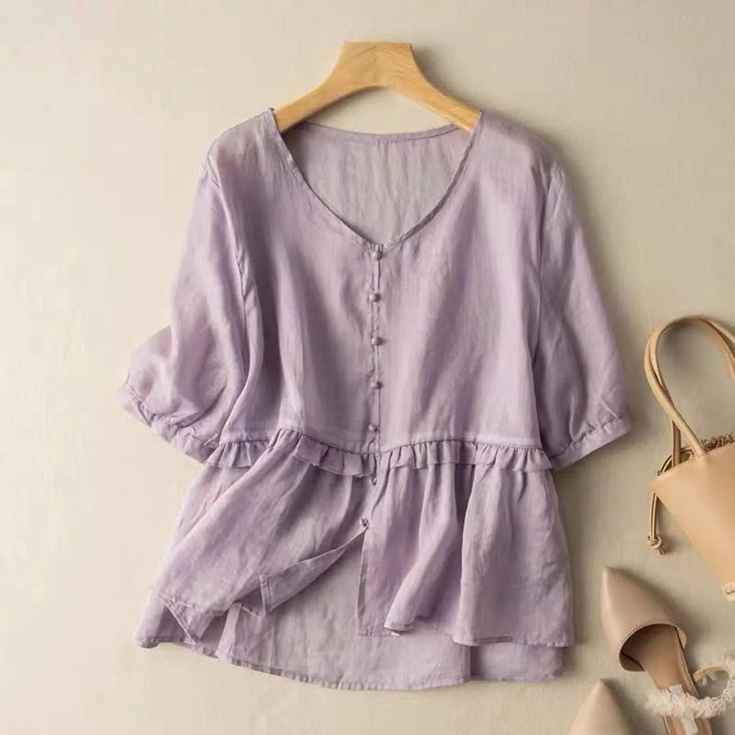 Women's 3/4 Sleeve Tops Cotton Linen Blouses Dressy Casual V Neck Tunic Shirts Summer Fashion Loose Fit Cute T Shirt