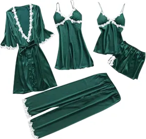 Womens 5Pcs Pajama Sets Lace Trim Robe Nightgown Cami Tops Long Pant & Shorts 5 Piece Lounge Set Sleepwear