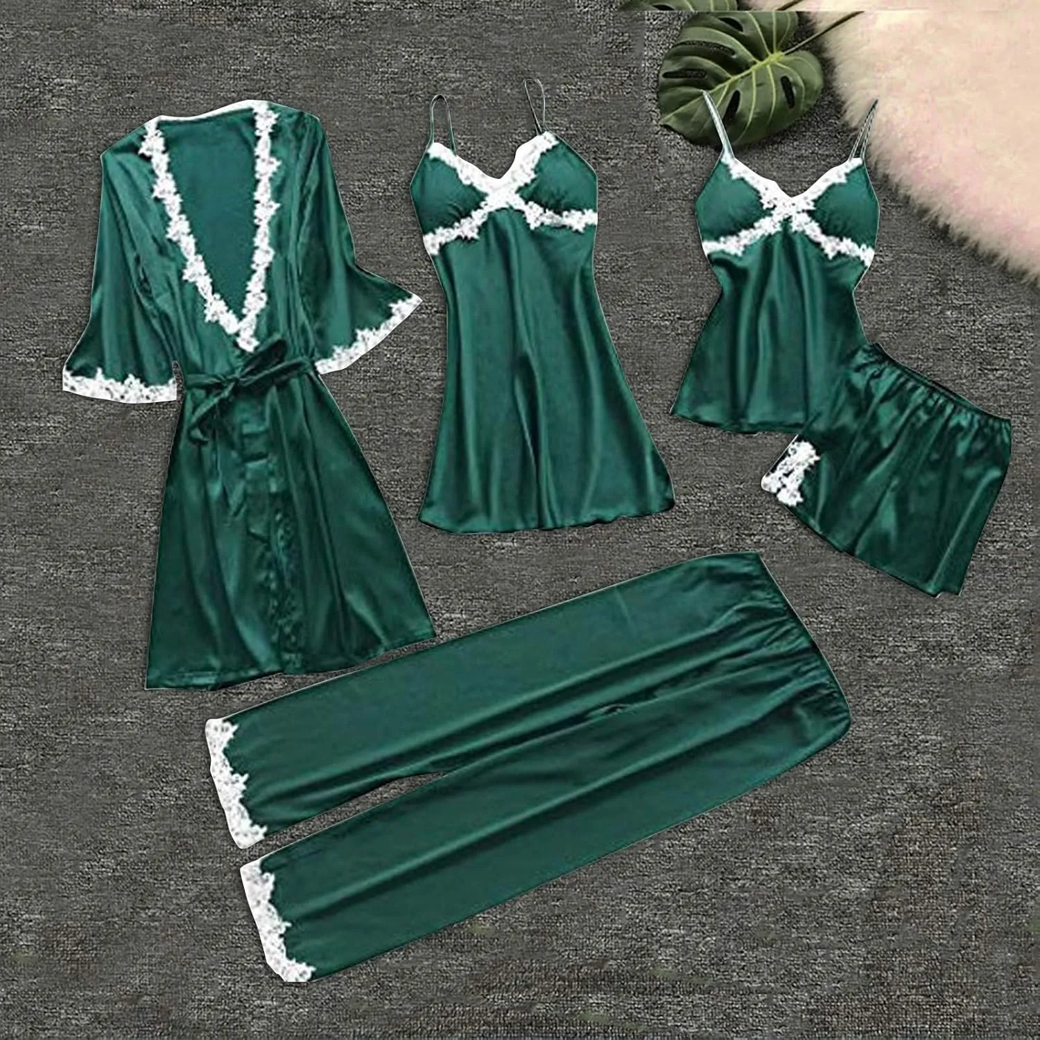 Womens 5Pcs Pajama Sets Lace Trim Robe Nightgown Cami Tops Long Pant & Shorts 5 Piece Lounge Set Sleepwear