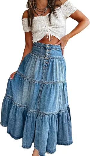 Womens Boho Long Denim Skirt Button Front Tiered Ruffle Maxi Jean Skirts with Pockets