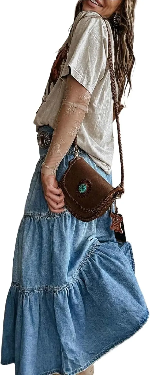 Womens Boho Long Denim Skirt Button Front Tiered Ruffle Maxi Jean Skirts with Pockets