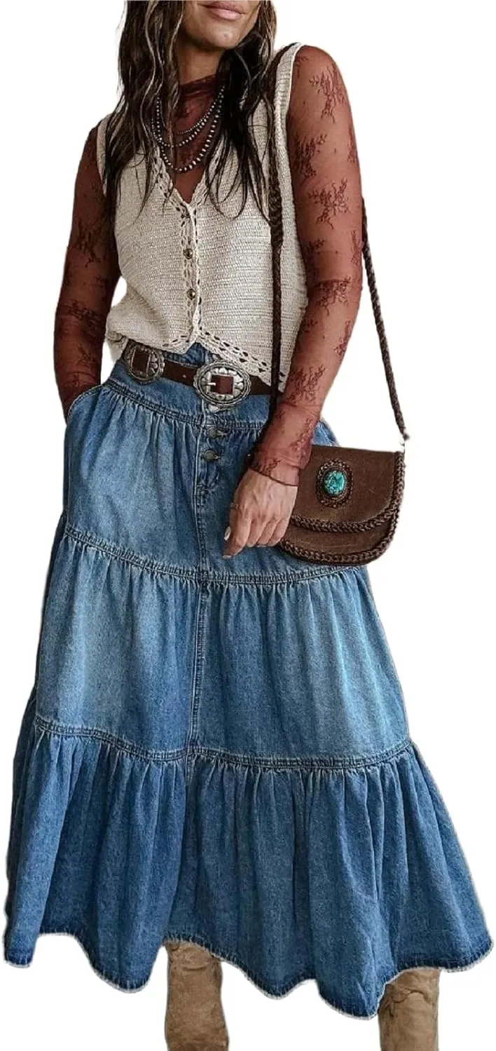 Womens Boho Long Denim Skirt Button Front Tiered Ruffle Maxi Jean Skirts with Pockets