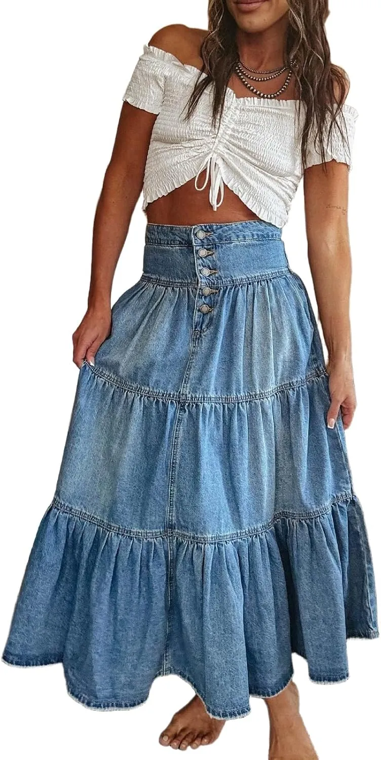 Womens Boho Long Denim Skirt Button Front Tiered Ruffle Maxi Jean Skirts with Pockets
