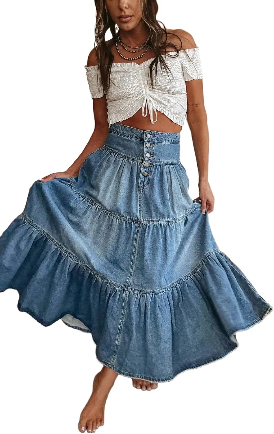 Womens Boho Long Denim Skirt Button Front Tiered Ruffle Maxi Jean Skirts with Pockets