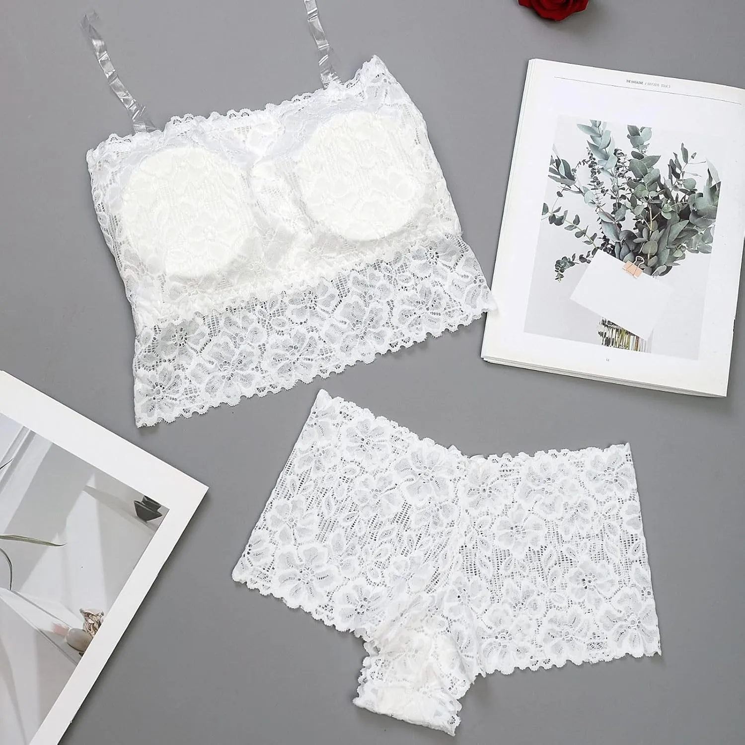 Womens Bralettes Set Lace Floral Padded Pajamas Lingerie Set 2 Piece Spaghetti Strap Tank Top Mid Waist Panty Sets