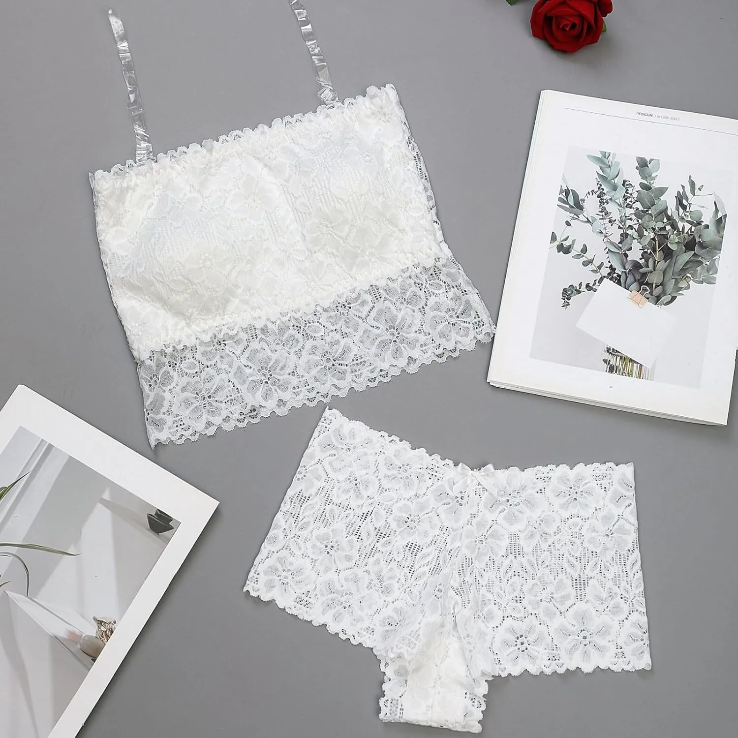 Womens Bralettes Set Lace Floral Padded Pajamas Lingerie Set 2 Piece Spaghetti Strap Tank Top Mid Waist Panty Sets