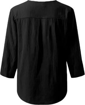 Women's Button Shirts Linen Roll up Sleeve V-Neck Trendy Shirt Casual Loose Fit Business Work Blouses Tops