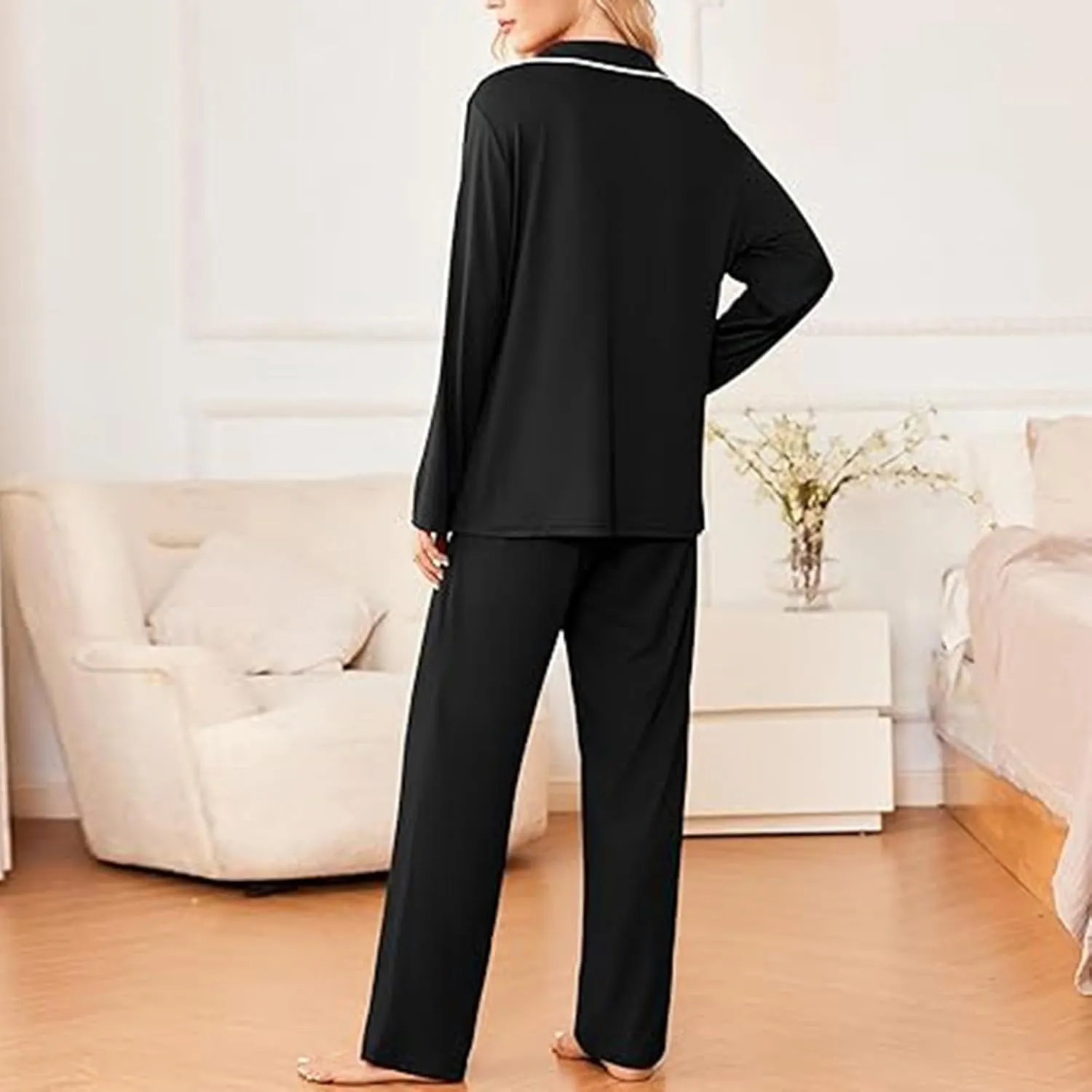 Women's Casual Pajamas Sets 2 Pieces Outfits Button Long Sleeve Nightwear Pants Soft Comfy Loose Fit Loungewear