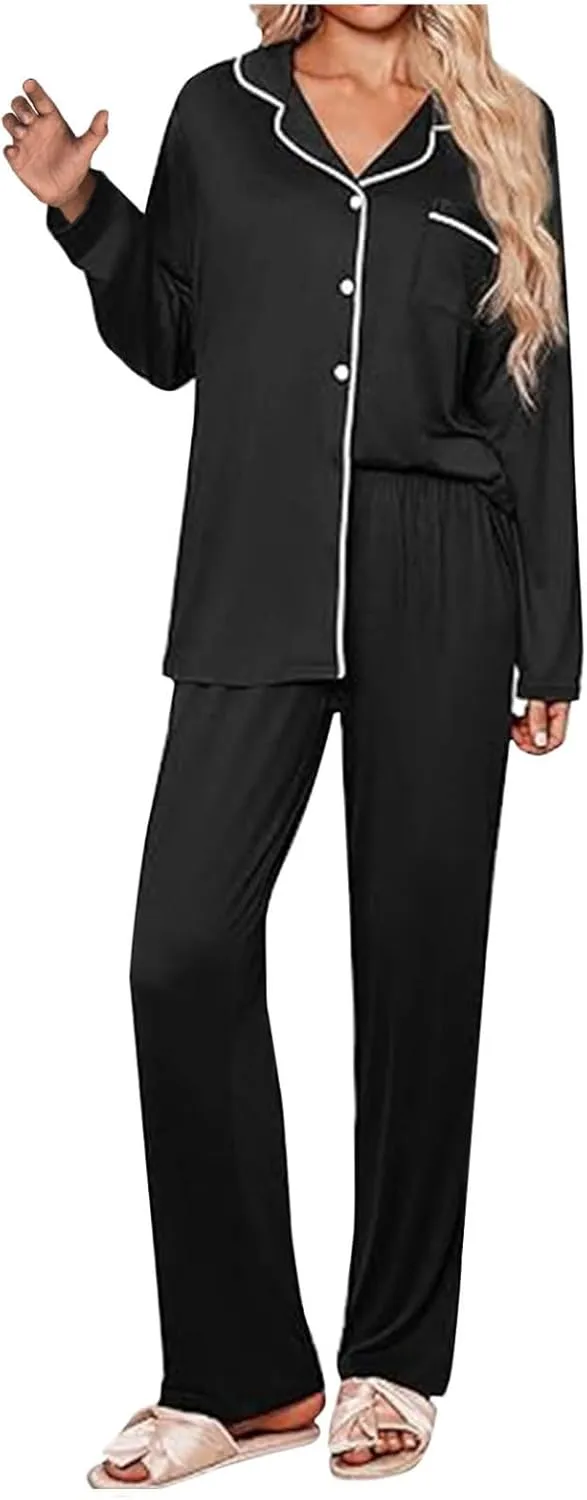 Women's Casual Pajamas Sets 2 Pieces Outfits Button Long Sleeve Nightwear Pants Soft Comfy Loose Fit Loungewear