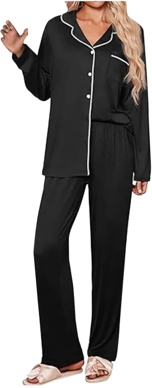 Women's Casual Pajamas Sets 2 Pieces Outfits Button Long Sleeve Nightwear Pants Soft Comfy Loose Fit Loungewear
