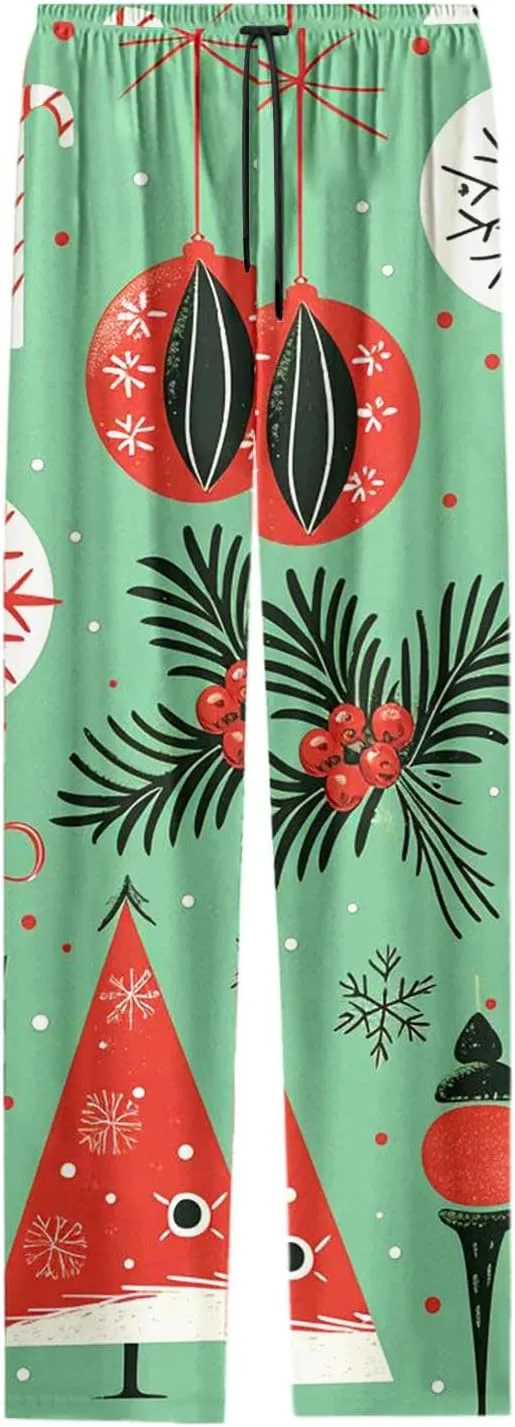 Womens Christmas Pajama Pants Funny Tree Snowflake Print Loose Fit Wide Leg Pants Comfy Long Pj Pants