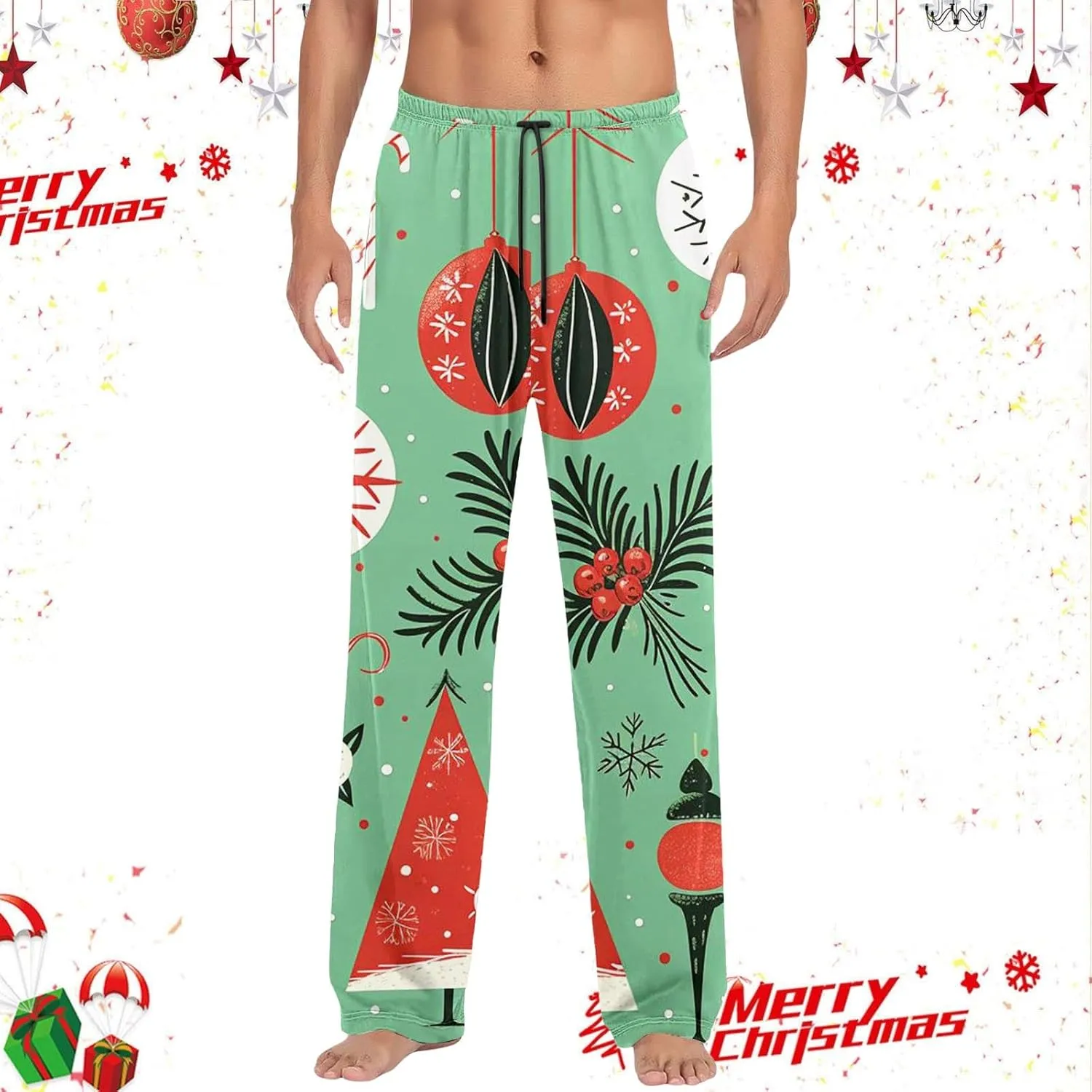 Womens Christmas Pajama Pants Funny Tree Snowflake Print Loose Fit Wide Leg Pants Comfy Long Pj Pants
