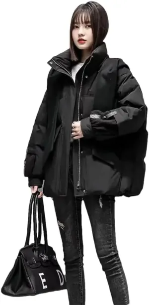 Womens Cotton Coat Winter Puffer Parkas Warm Hooded Down Cotton Jacket Loose Cotton-Padded Outwear