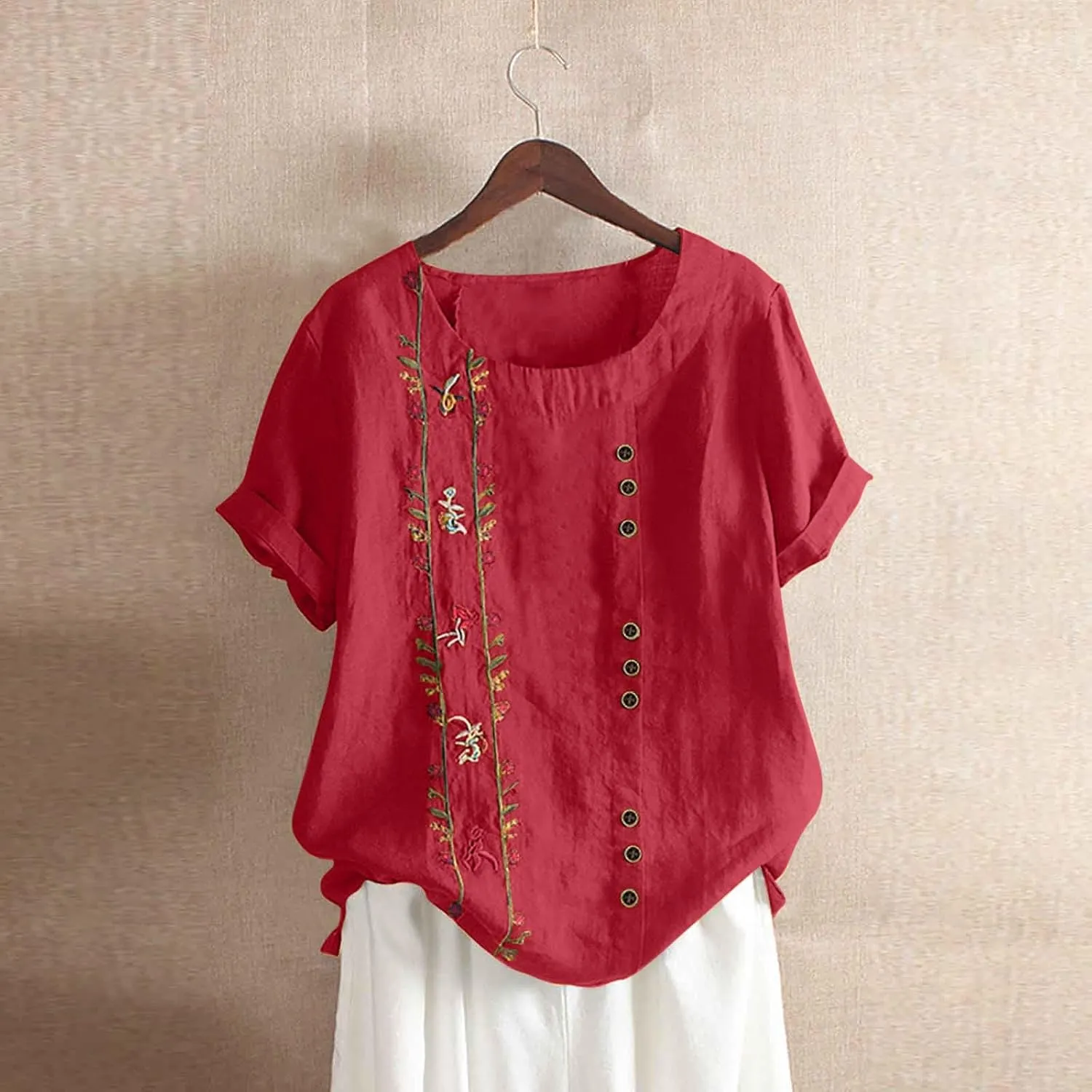 Womens Cotton Linen Summer Tops Short Sleeve Blouse Shirts Boho Peasant Tunics Shirt Trendy Cute Clothing 2024