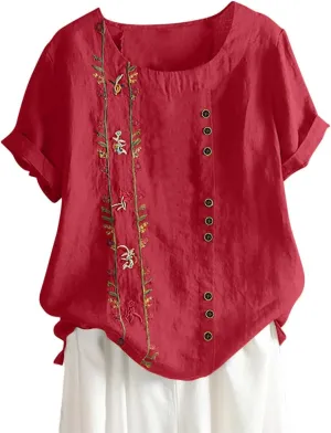 Womens Cotton Linen Summer Tops Short Sleeve Blouse Shirts Boho Peasant Tunics Shirt Trendy Cute Clothing 2024