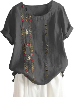 Womens Cotton Linen Summer Tops Short Sleeve Blouse Shirts Boho Peasant Tunics Shirt Trendy Cute Clothing 2024