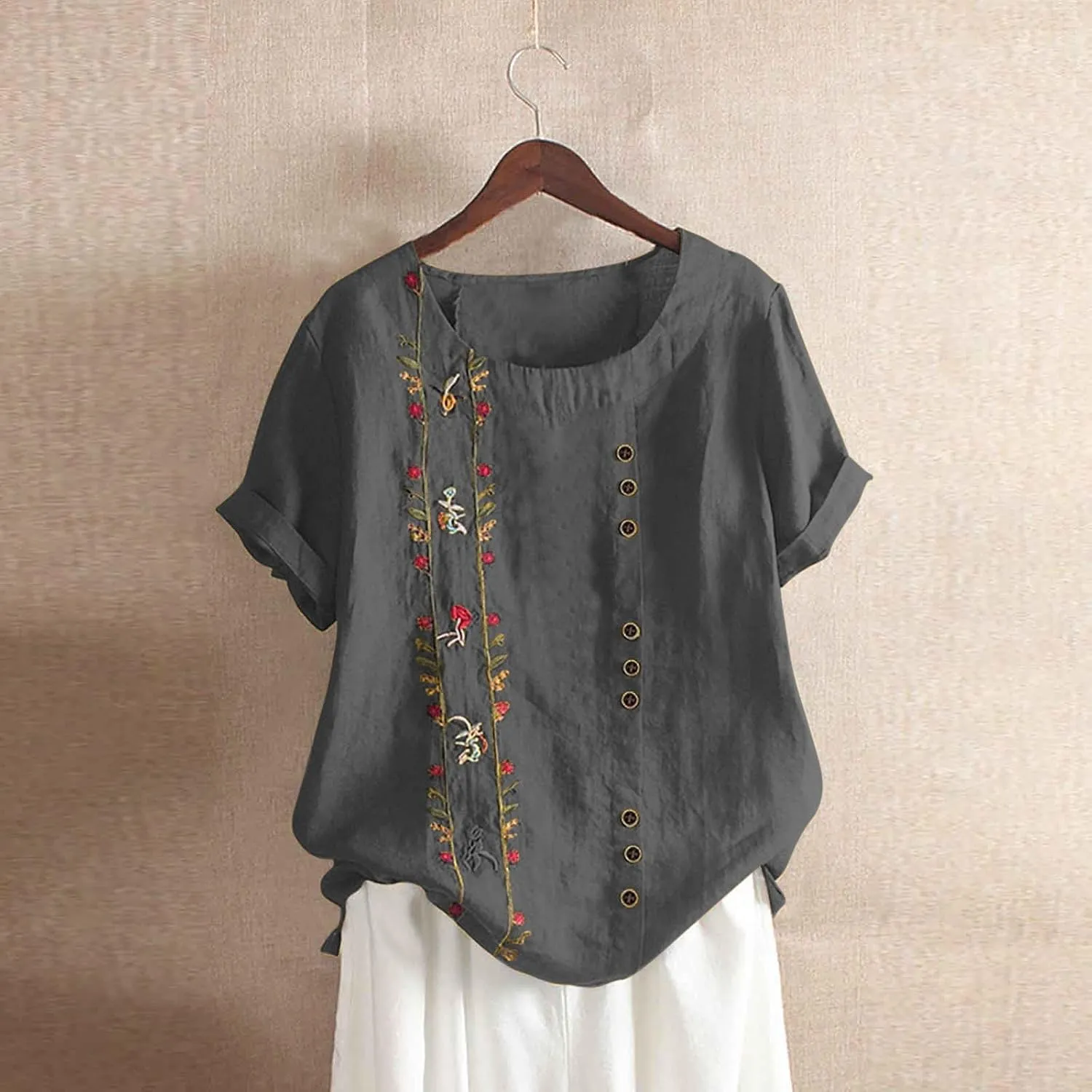Womens Cotton Linen Summer Tops Short Sleeve Blouse Shirts Boho Peasant Tunics Shirt Trendy Cute Clothing 2024