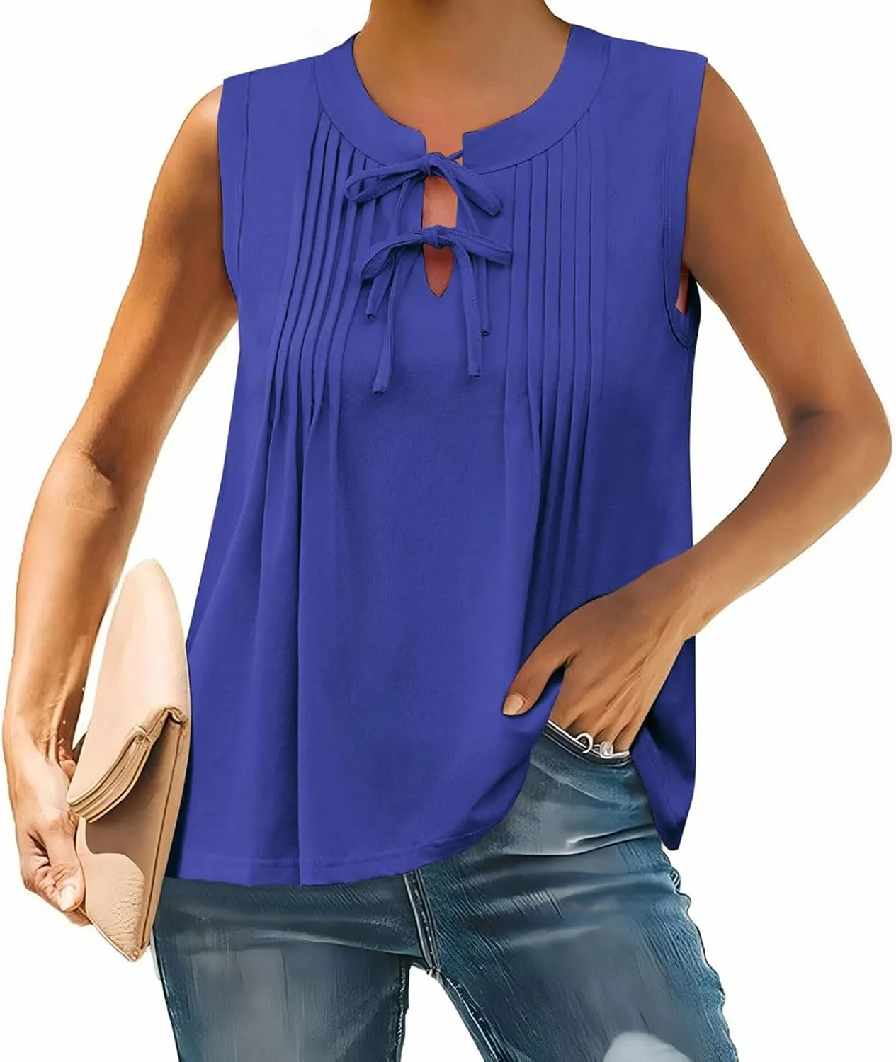 Womens Cute Pleated Tank Top Sleeveless Shirts Flowy Lace-Up V Neck Summer Tops Loose Fit Business Casual Outfits