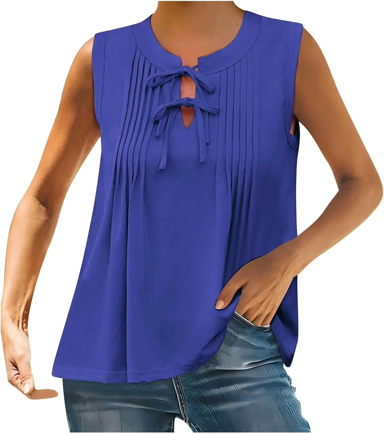 Womens Cute Pleated Tank Top Sleeveless Shirts Flowy Lace-Up V Neck Summer Tops Loose Fit Business Casual Outfits