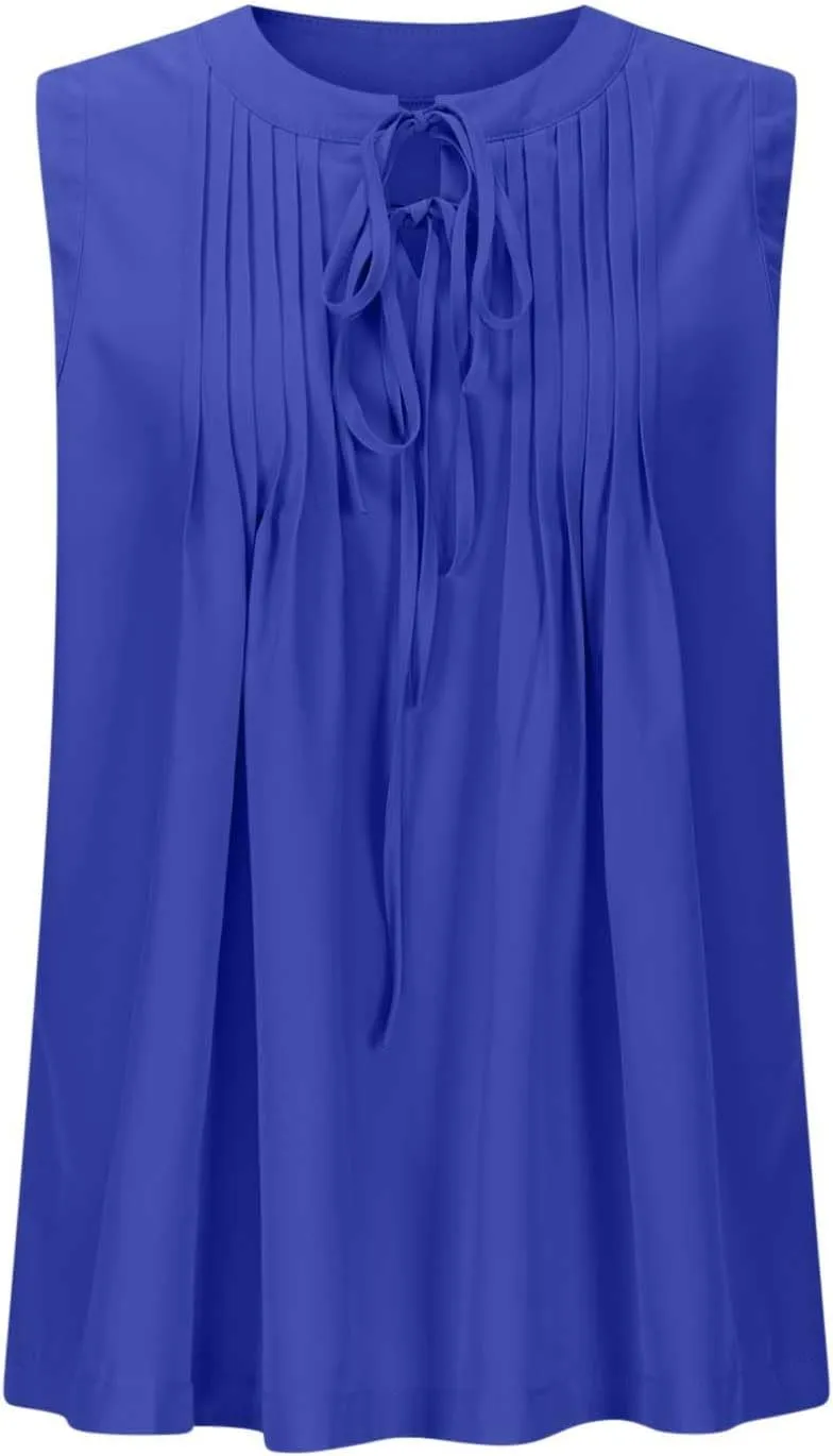 Womens Cute Pleated Tank Top Sleeveless Shirts Flowy Lace-Up V Neck Summer Tops Loose Fit Business Casual Outfits