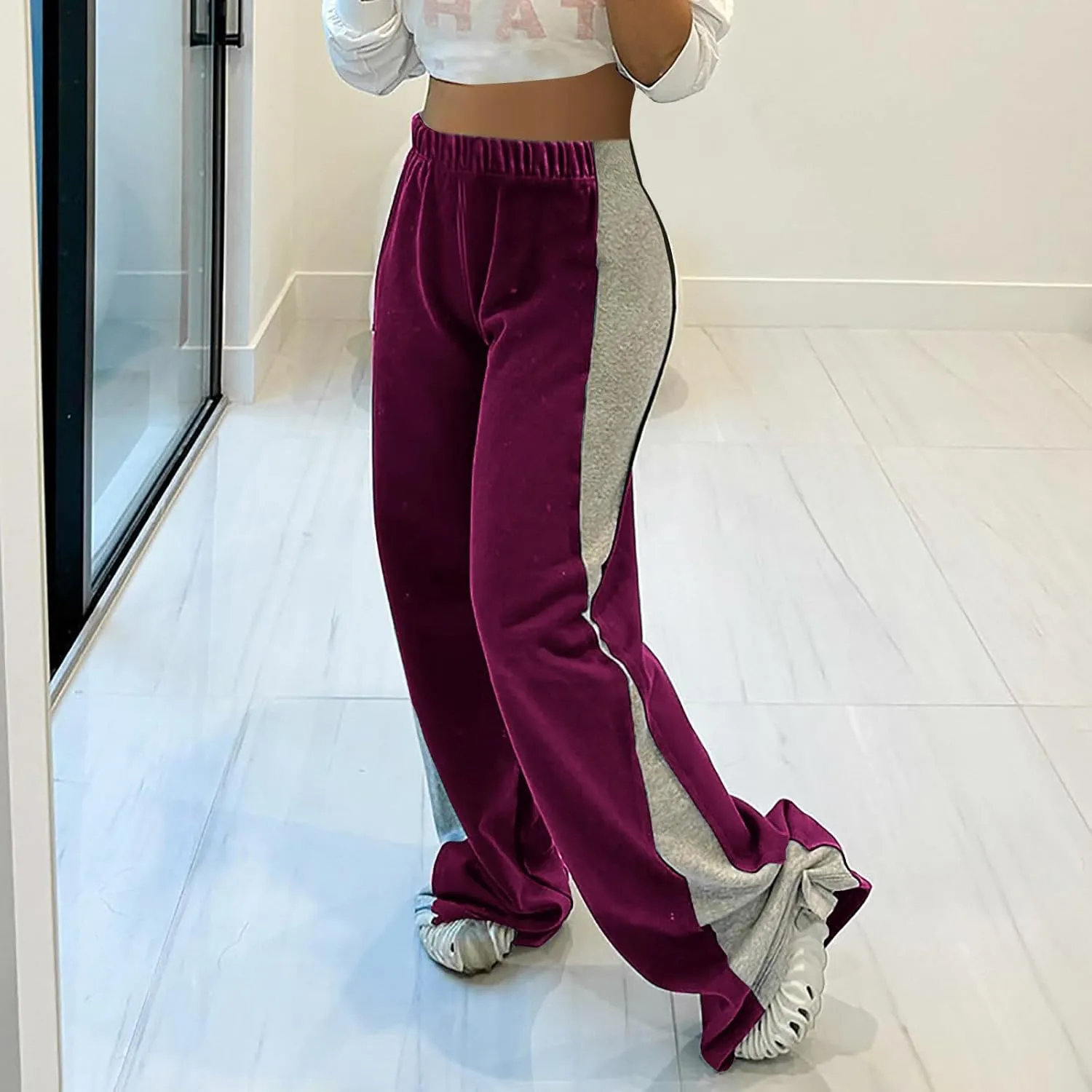 Womens Fashion Color Block Jogger Pants Loose Training Sports Trousers Elastic Waist Wide Leg Sweatpants Casual Pants