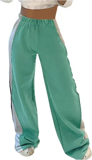 Womens Fashion Color Block Jogger Pants Loose Training Sports Trousers Elastic Waist Wide Leg Sweatpants Casual Pants