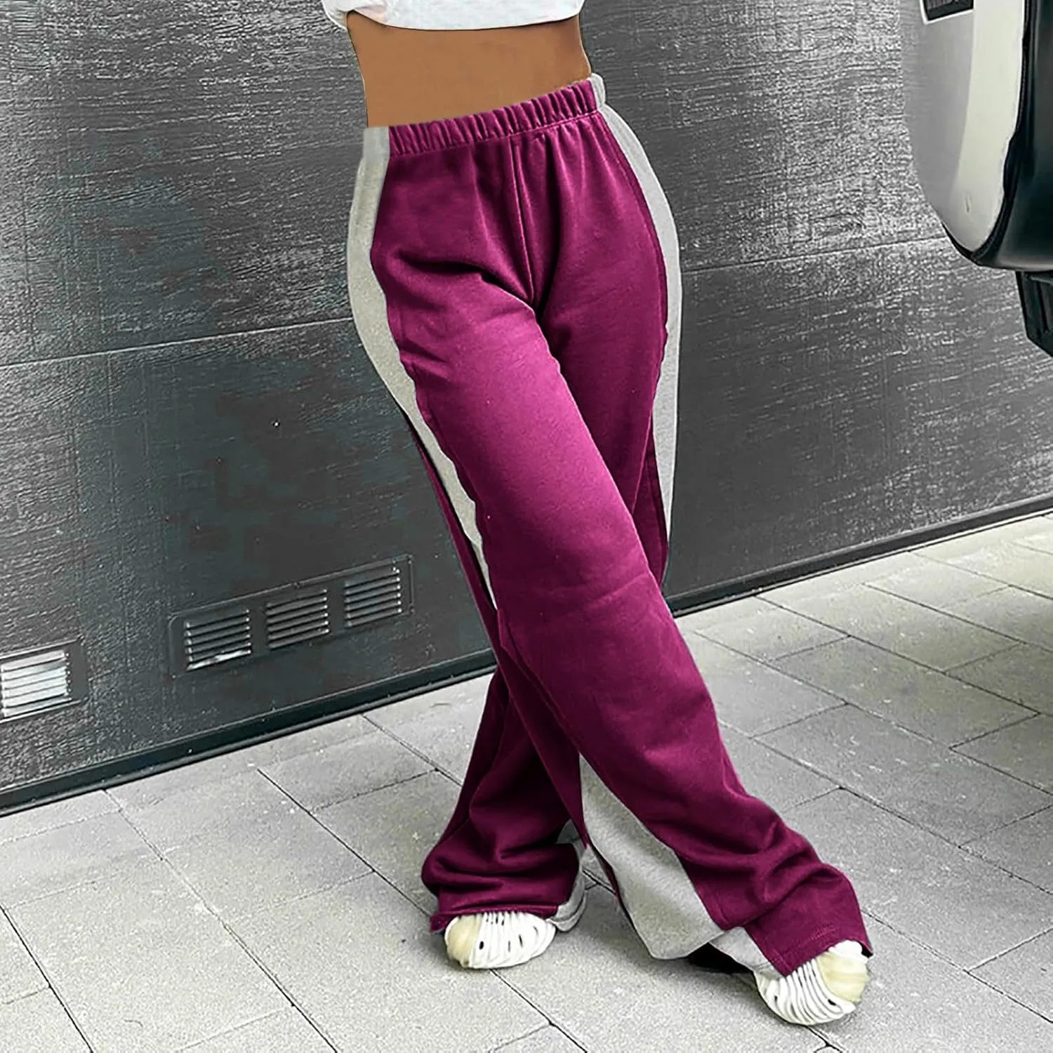 Womens Fashion Color Block Jogger Pants Loose Training Sports Trousers Elastic Waist Wide Leg Sweatpants Casual Pants