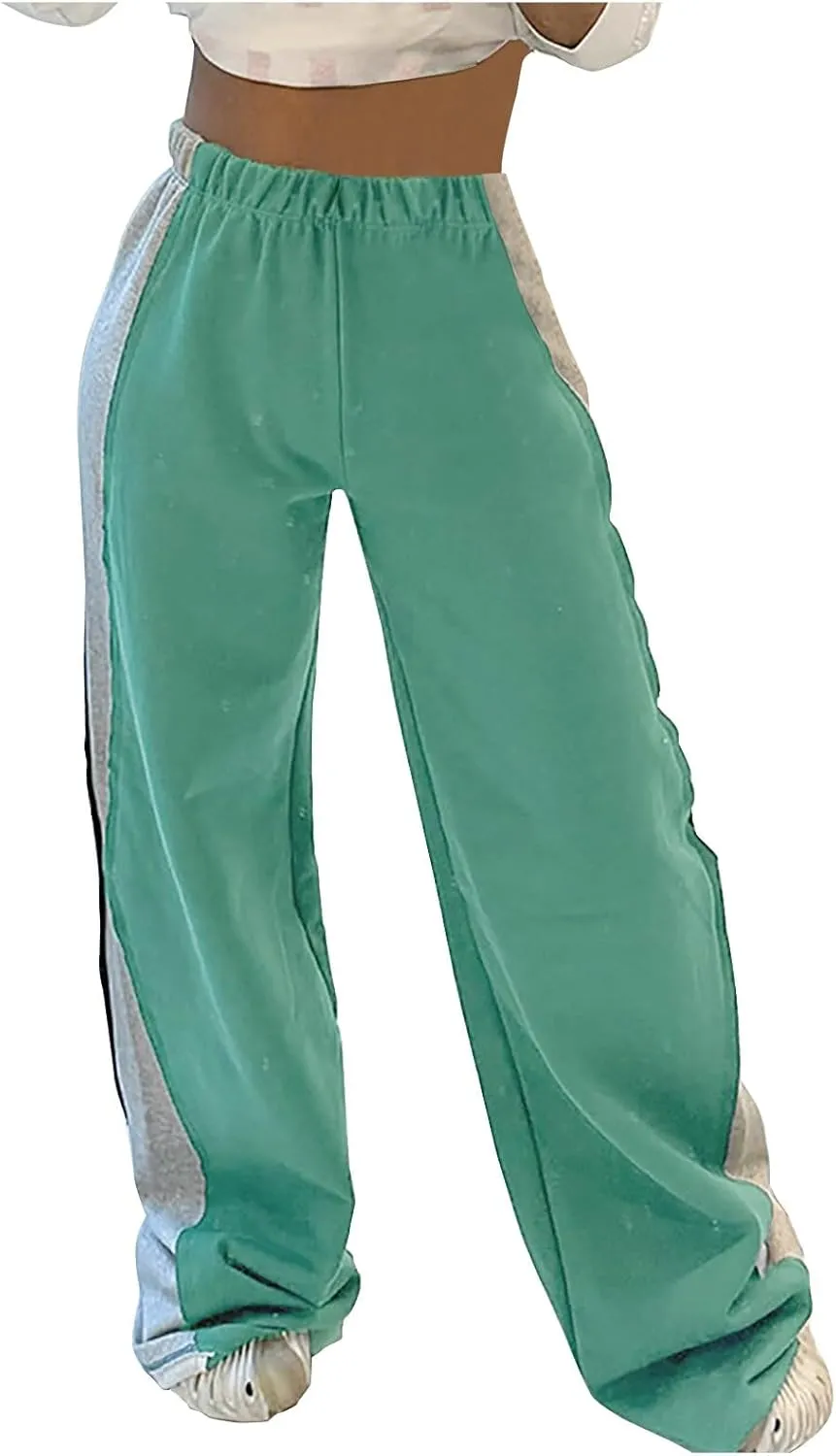 Womens Fashion Color Block Jogger Pants Loose Training Sports Trousers Elastic Waist Wide Leg Sweatpants Casual Pants
