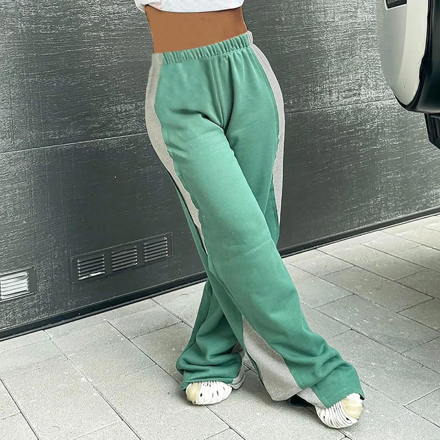 Womens Fashion Color Block Jogger Pants Loose Training Sports Trousers Elastic Waist Wide Leg Sweatpants Casual Pants