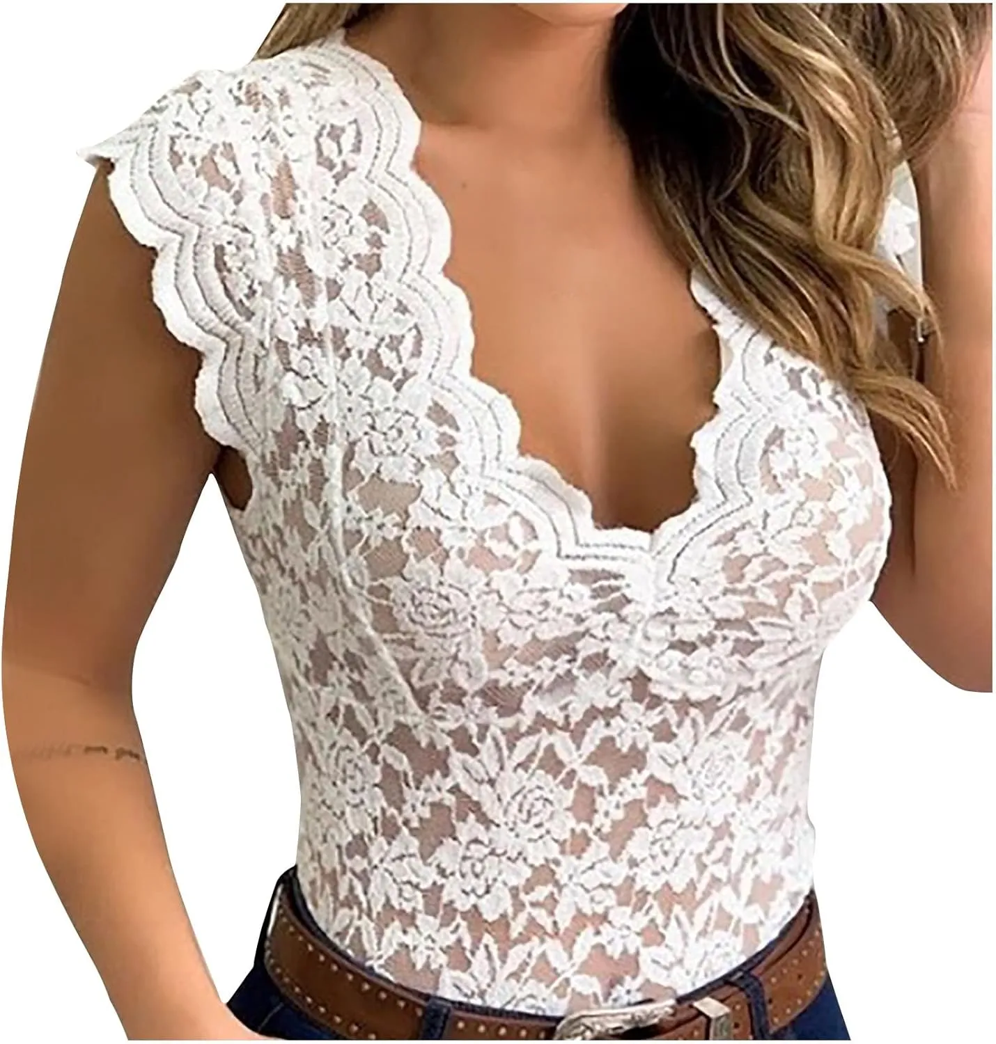Women's Floral Lace Tank Top Deep V Neck Scalloped Trim Sleeveless Shirts See Through Sexy Mesh Tshirts Plus Size Tops