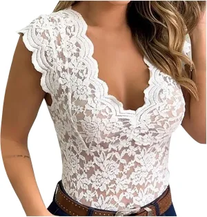 Women's Floral Lace Tank Top Deep V Neck Scalloped Trim Sleeveless Shirts See Through Sexy Mesh Tshirts Plus Size Tops