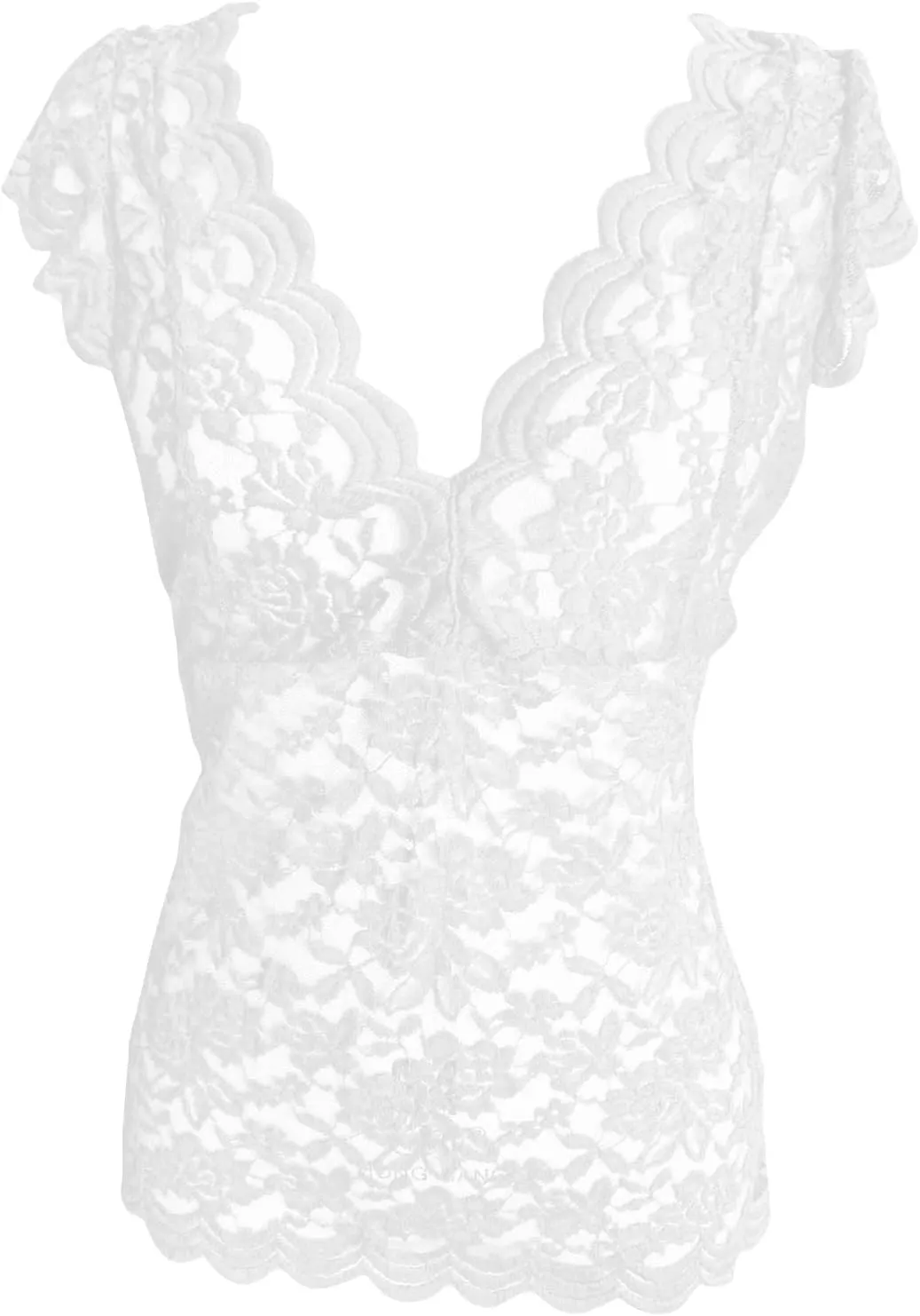 Women's Floral Lace Tank Top Deep V Neck Scalloped Trim Sleeveless Shirts See Through Sexy Mesh Tshirts Plus Size Tops