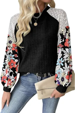 Women's Knit Floral Long Sleeve Sweaters Pullover Crewneck Cute Cozy Color Block Long Sleeve Sweaters Tops