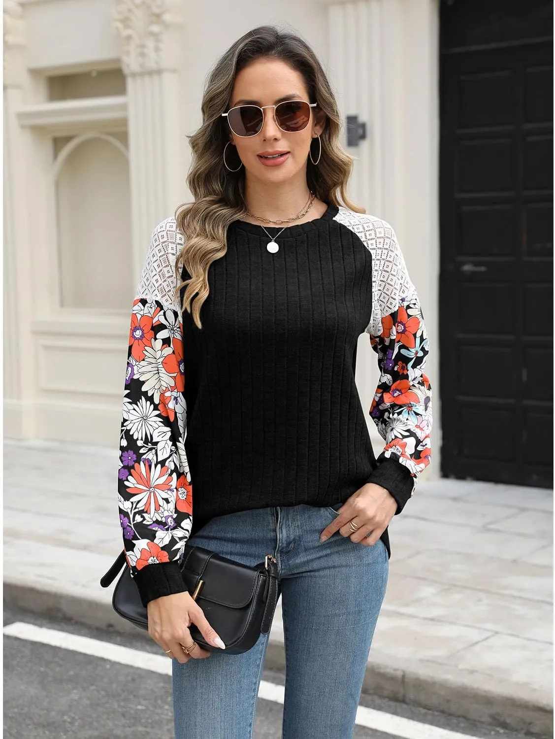 Women's Knit Floral Long Sleeve Sweaters Pullover Crewneck Cute Cozy Color Block Long Sleeve Sweaters Tops