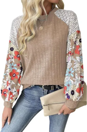 Women's Knit Floral Long Sleeve Sweaters Pullover Crewneck Cute Cozy Color Block Long Sleeve Sweaters Tops