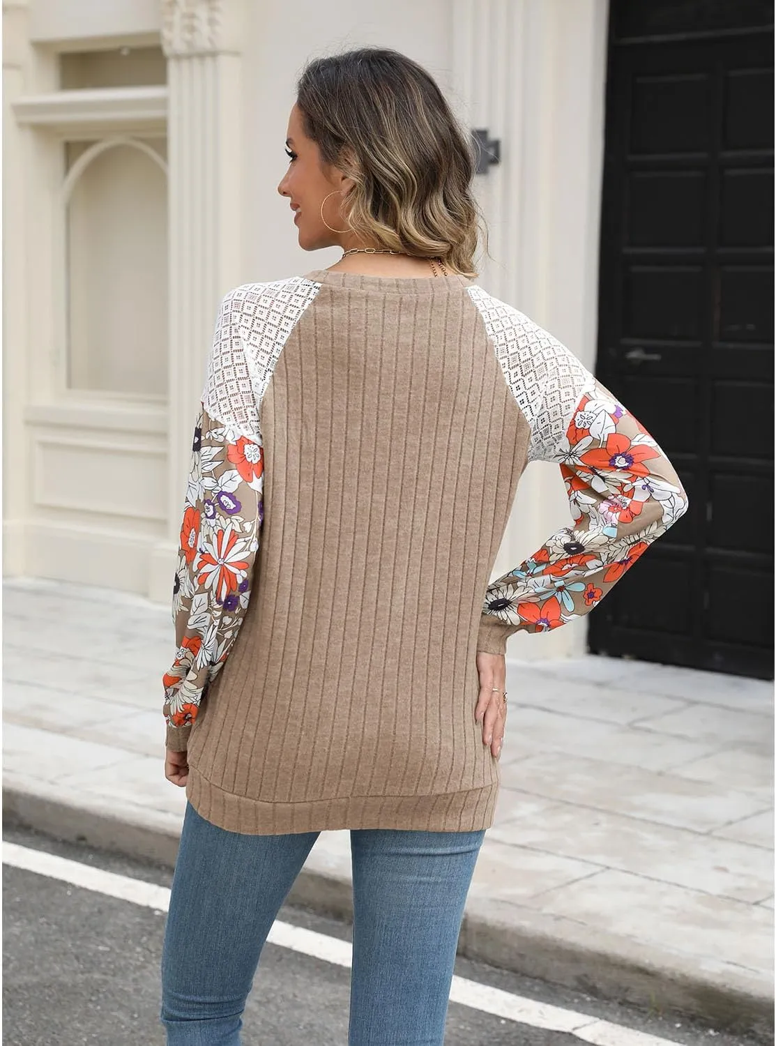 Women's Knit Floral Long Sleeve Sweaters Pullover Crewneck Cute Cozy Color Block Long Sleeve Sweaters Tops