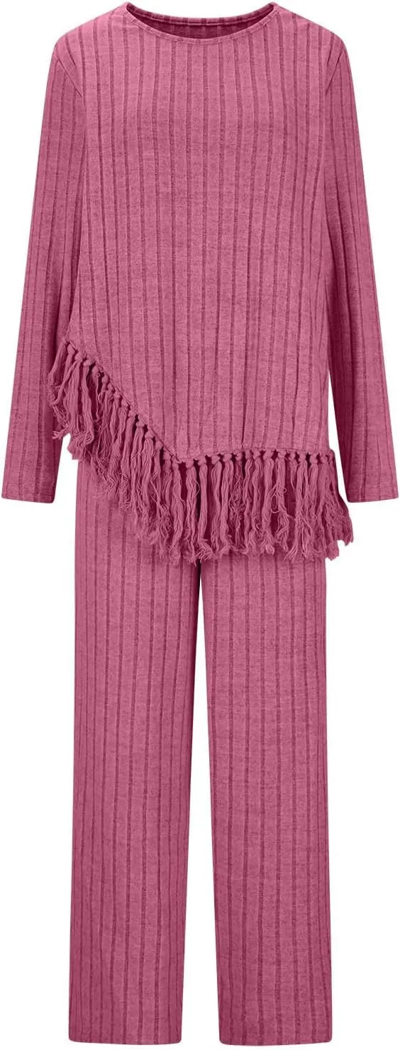 Women's Knit Lounge Sets 2 Piece Pajama Sets Plus Size Loungewear Soft Comfy Pj Sets Loose Fit Tops and Pants Set