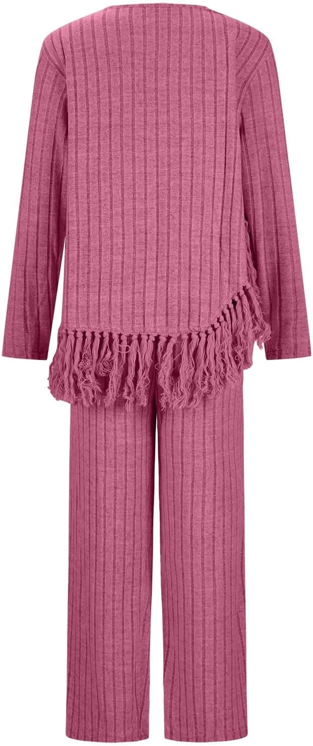 Women's Knit Lounge Sets 2 Piece Pajama Sets Plus Size Loungewear Soft Comfy Pj Sets Loose Fit Tops and Pants Set