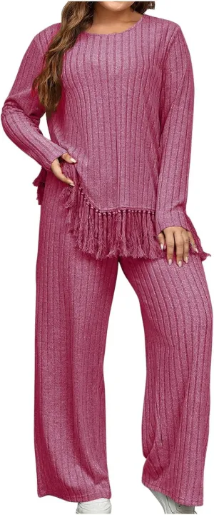 Women's Knit Lounge Sets 2 Piece Pajama Sets Plus Size Loungewear Soft Comfy Pj Sets Loose Fit Tops and Pants Set