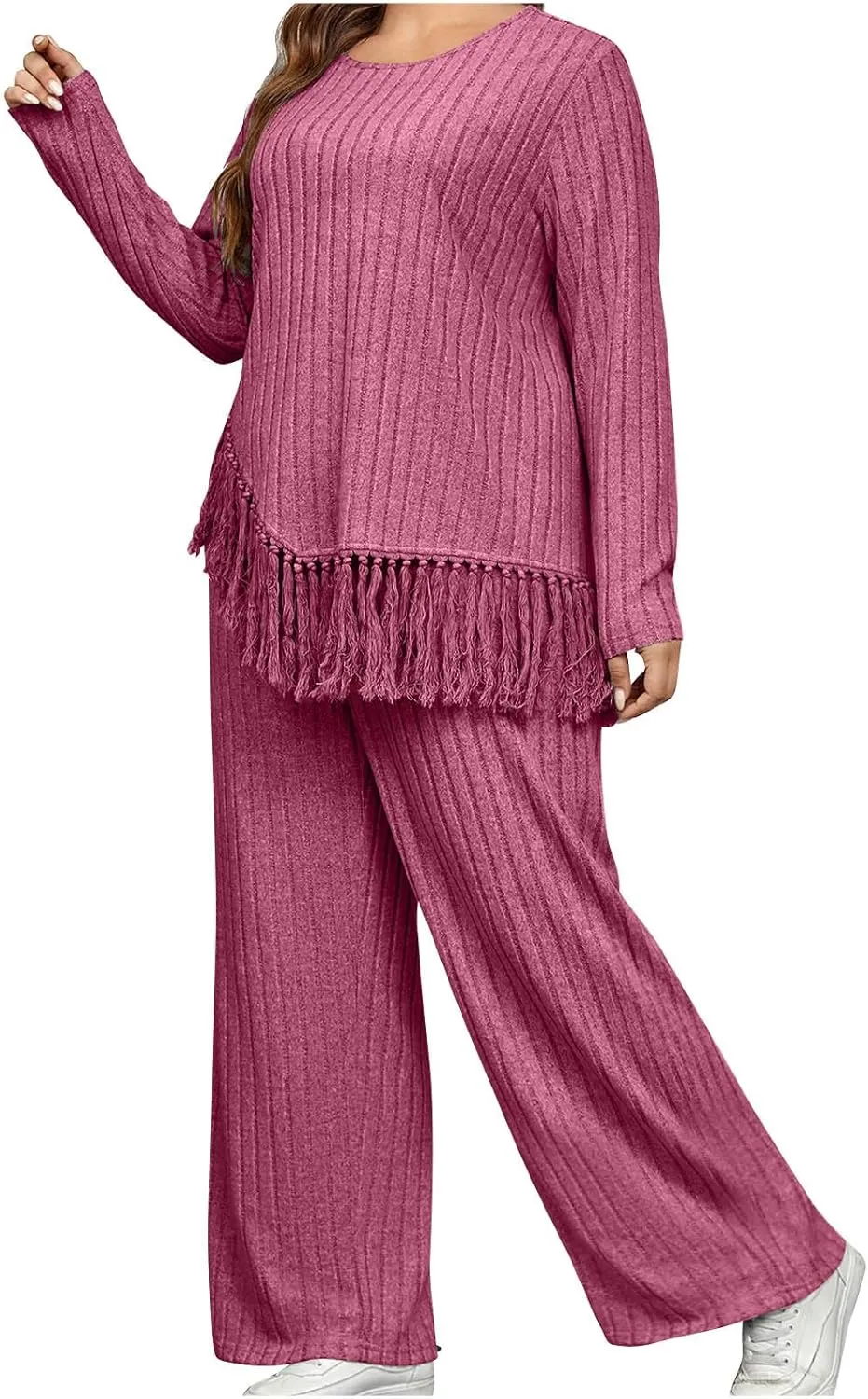 Women's Knit Lounge Sets 2 Piece Pajama Sets Plus Size Loungewear Soft Comfy Pj Sets Loose Fit Tops and Pants Set