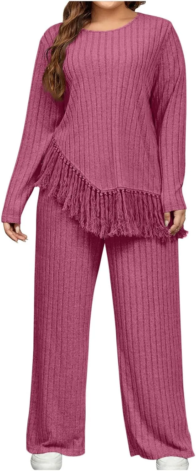 Women's Knit Lounge Sets 2 Piece Pajama Sets Plus Size Loungewear Soft Comfy Pj Sets Loose Fit Tops and Pants Set