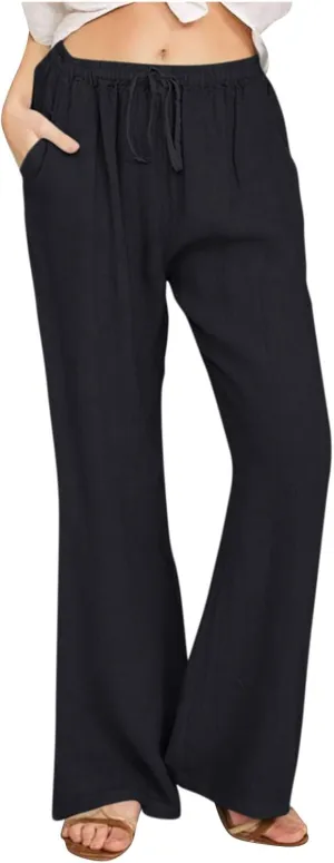 Womens Linen Pants Summer Boho Drawstring Elastic High Waist Loose Wide Leg Trousers with Pockets