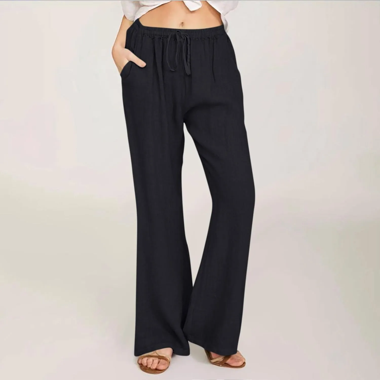 Womens Linen Pants Summer Boho Drawstring Elastic High Waist Loose Wide Leg Trousers with Pockets