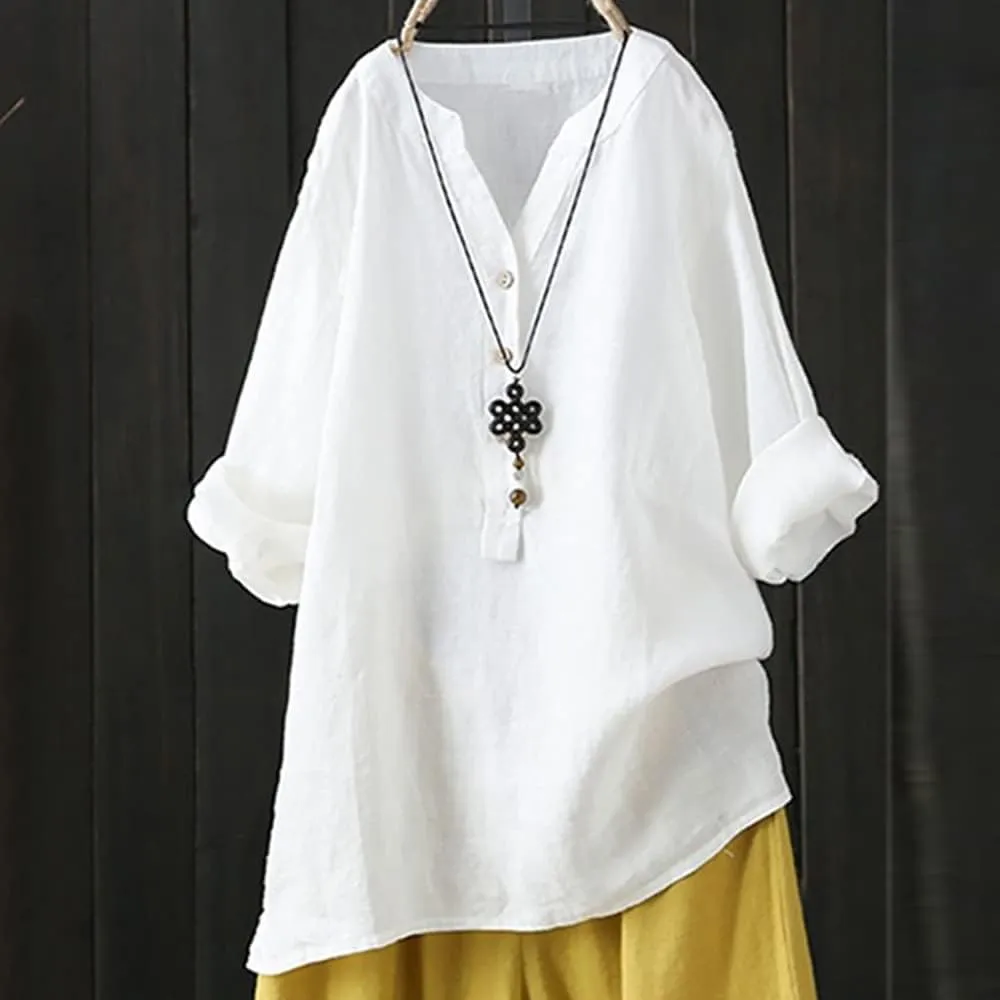Womens Linen Shirts V Neck Buttons Blouses Solid Color Oversized Tops Short Sleeve Loose Fit Tunic Top