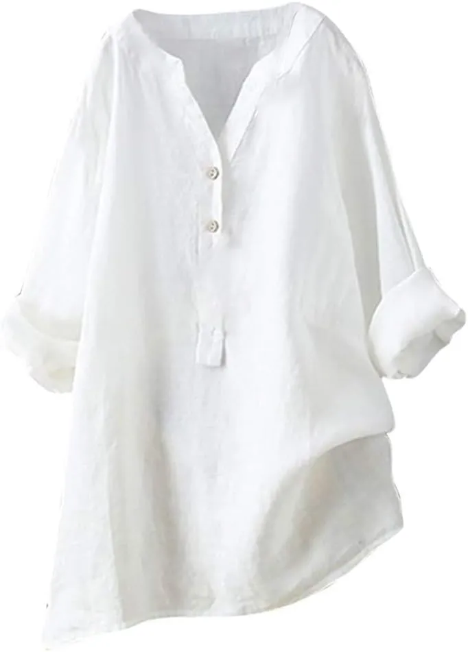 Womens Linen Shirts V Neck Buttons Blouses Solid Color Oversized Tops Short Sleeve Loose Fit Tunic Top